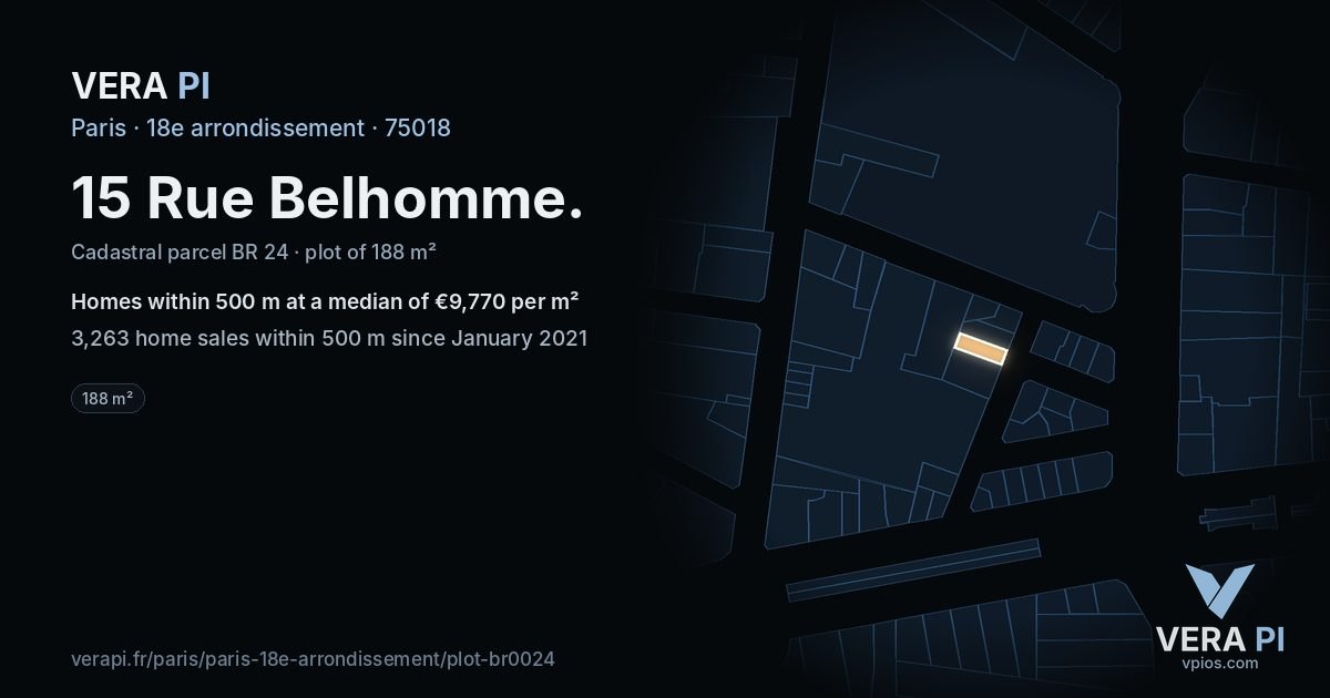 15 Rue Belhomme, 18e arrondissement at night – the plot lit, the parcels around coloured by the prices near them
