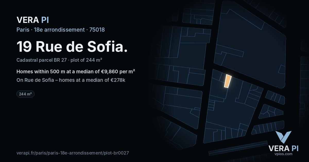 19 Rue de Sofia, 18e arrondissement at night – the plot lit, the parcels around coloured by the prices near them