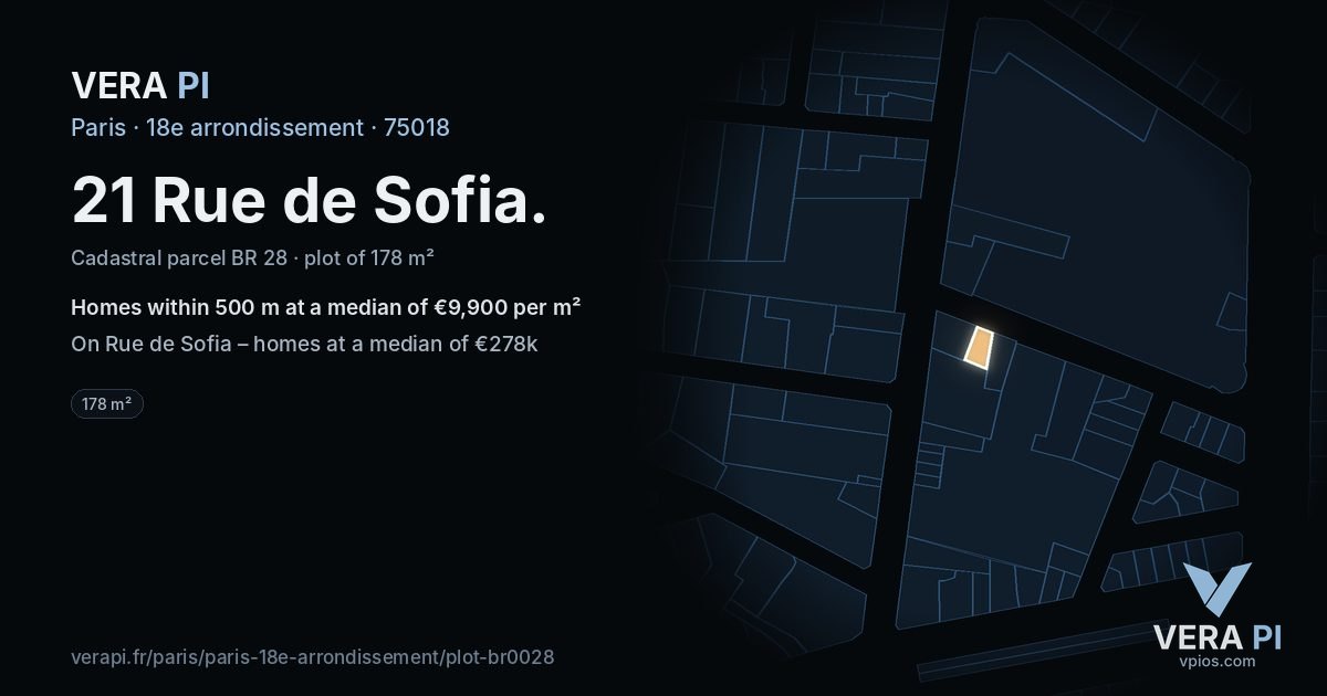 21 Rue de Sofia, 18e arrondissement at night – the plot lit, the parcels around coloured by the prices near them