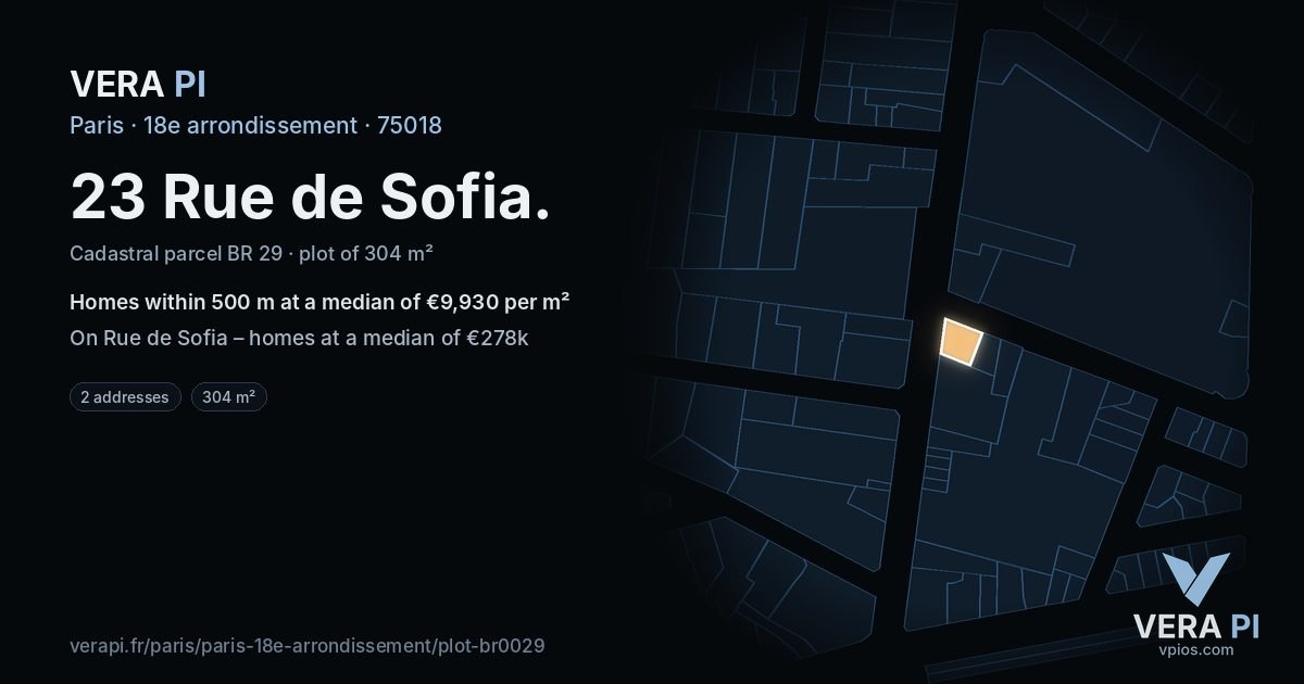 23 Rue de Sofia, 18e arrondissement at night – the plot lit, the parcels around coloured by the prices near them