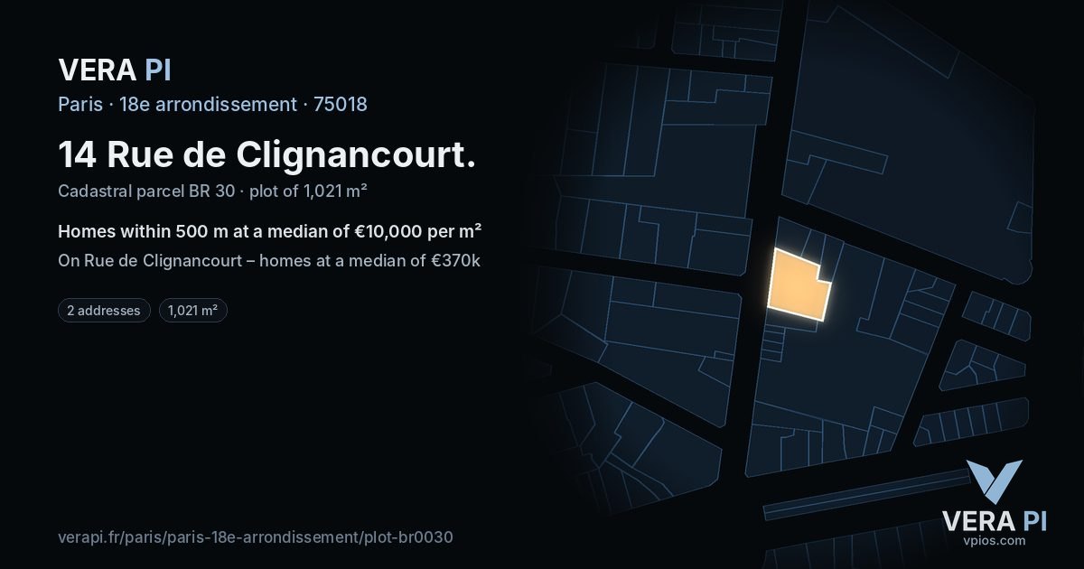 14 Rue de Clignancourt, 18e arrondissement at night – the plot lit, the parcels around coloured by the prices near them