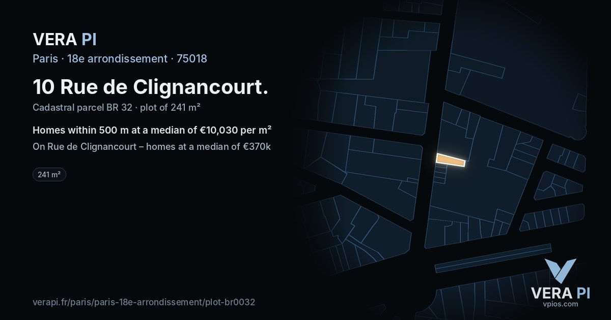 10 Rue de Clignancourt, 18e arrondissement at night – the plot lit, the parcels around coloured by the prices near them