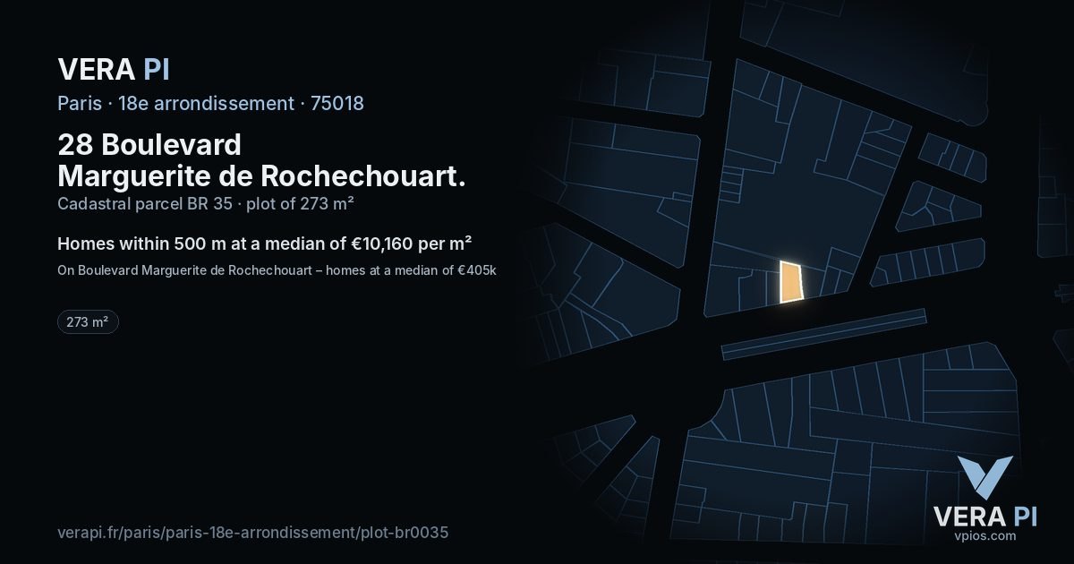 28 Boulevard Marguerite de Rochechouart, 18e arrondissement at night – the plot lit, the parcels around coloured by the prices near them