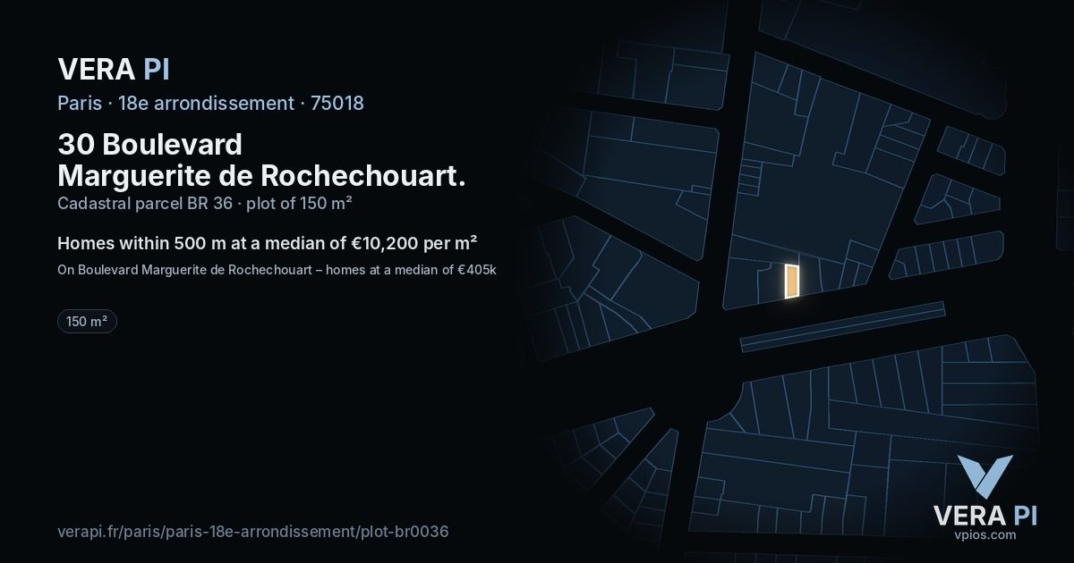 30 Boulevard Marguerite de Rochechouart, 18e arrondissement at night – the plot lit, the parcels around coloured by the prices near them