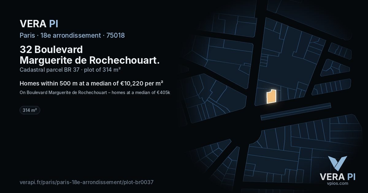 32 Boulevard Marguerite de Rochechouart, 18e arrondissement at night – the plot lit, the parcels around coloured by the prices near them