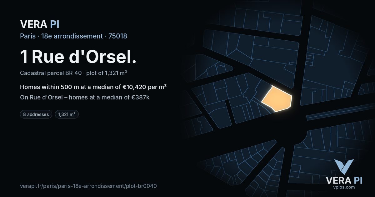 1 Rue d'Orsel, 18e arrondissement at night – the plot lit, the parcels around coloured by the prices near them