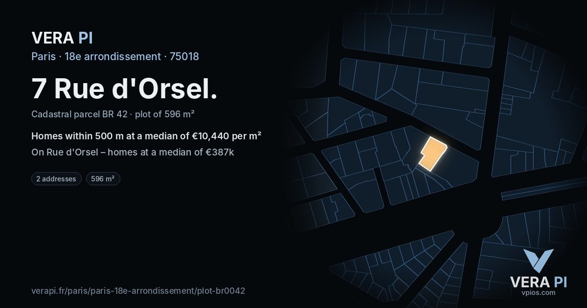 7 Rue d'Orsel, 18e arrondissement at night – the plot lit, the parcels around coloured by the prices near them