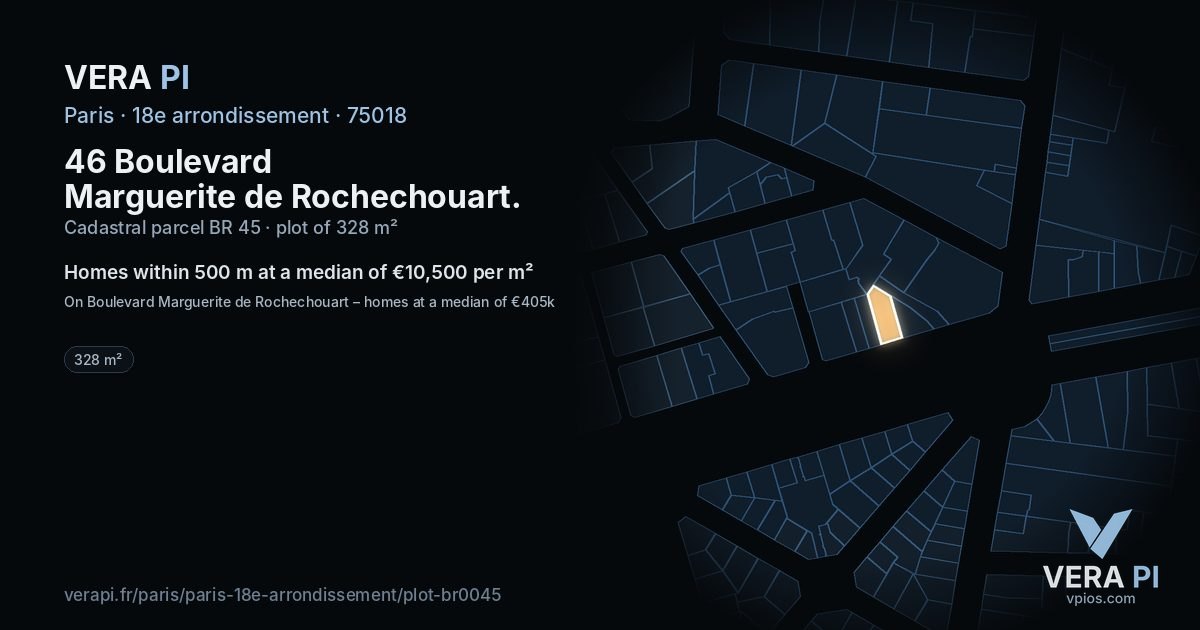 46 Boulevard Marguerite de Rochechouart, 18e arrondissement at night – the plot lit, the parcels around coloured by the prices near them