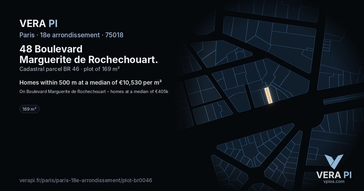 48 Boulevard Marguerite de Rochechouart, 18e arrondissement at night – the plot lit, the parcels around coloured by the prices near them