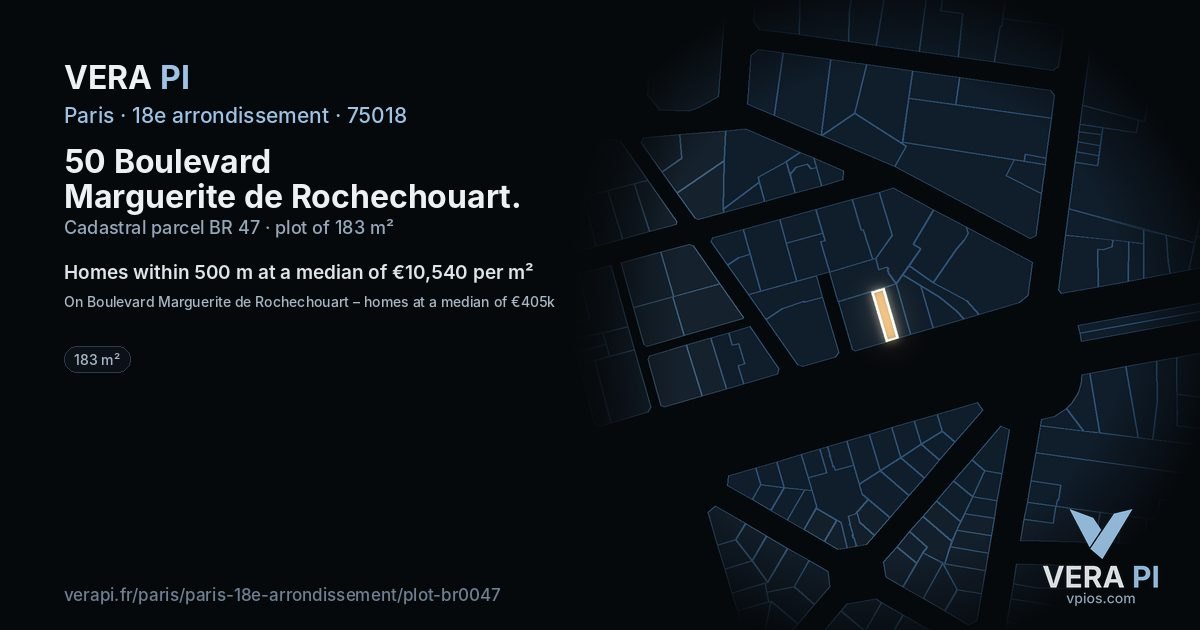 50 Boulevard Marguerite de Rochechouart, 18e arrondissement at night – the plot lit, the parcels around coloured by the prices near them