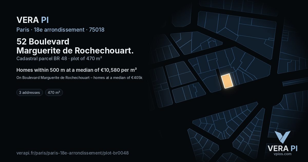 52 Boulevard Marguerite de Rochechouart, 18e arrondissement at night – the plot lit, the parcels around coloured by the prices near them