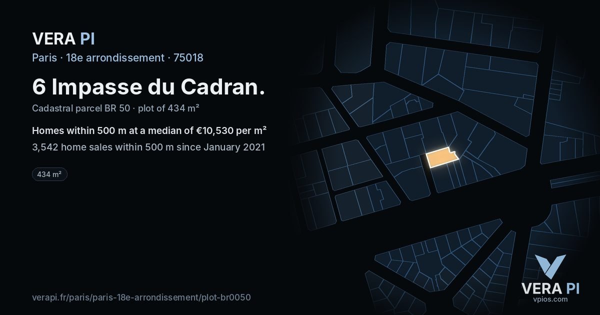 6 Impasse du Cadran, 18e arrondissement at night – the plot lit, the parcels around coloured by the prices near them