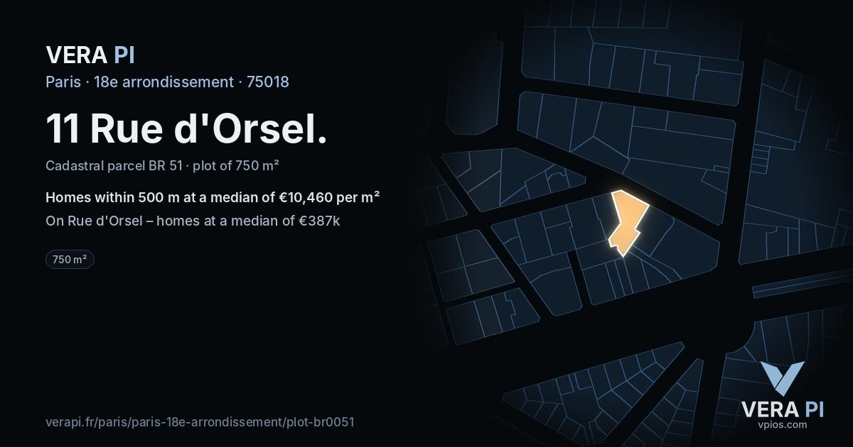 11 Rue d'Orsel, 18e arrondissement at night – the plot lit, the parcels around coloured by the prices near them