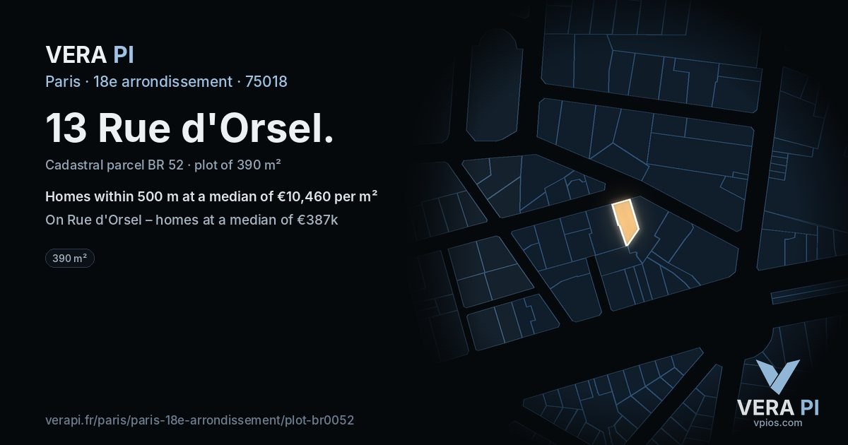13 Rue d'Orsel, 18e arrondissement at night – the plot lit, the parcels around coloured by the prices near them