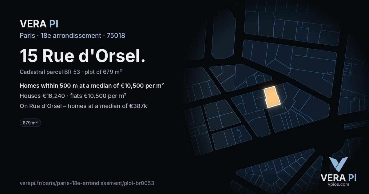 15 Rue d'Orsel, 18e arrondissement at night – the plot lit, the parcels around coloured by the prices near them