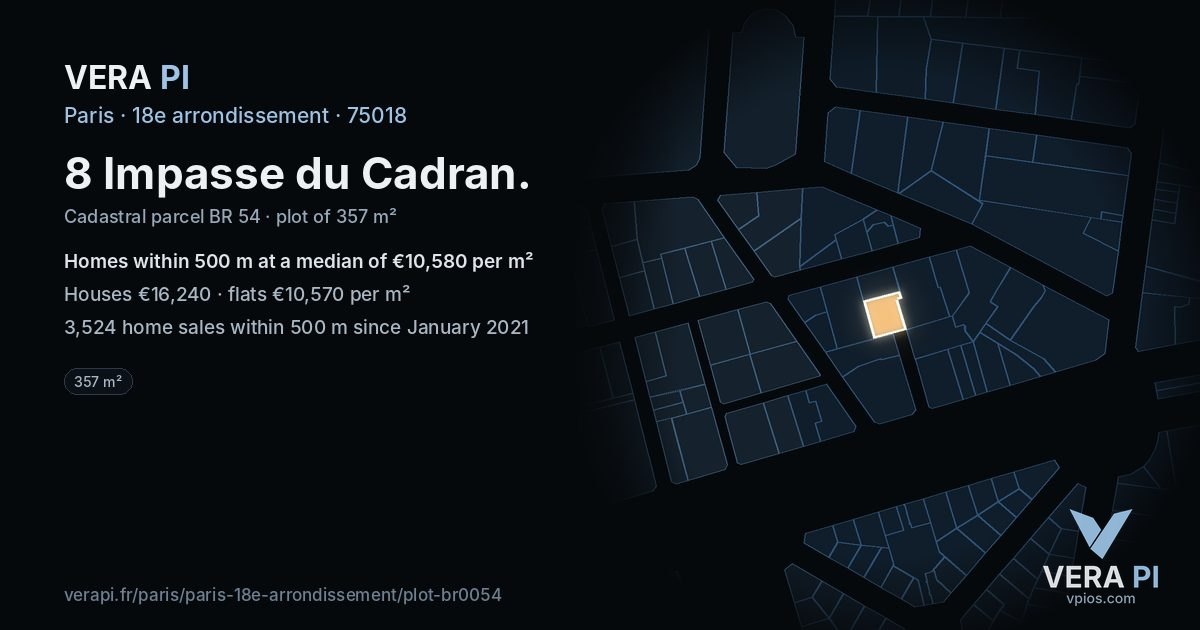 8 Impasse du Cadran, 18e arrondissement at night – the plot lit, the parcels around coloured by the prices near them