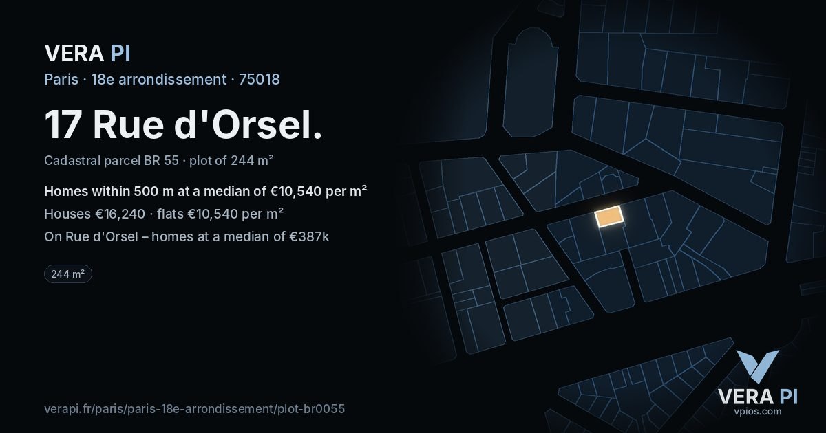 17 Rue d'Orsel, 18e arrondissement at night – the plot lit, the parcels around coloured by the prices near them