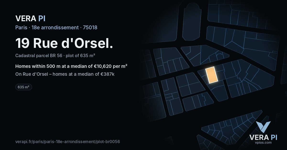 19 Rue d'Orsel, 18e arrondissement at night – the plot lit, the parcels around coloured by the prices near them