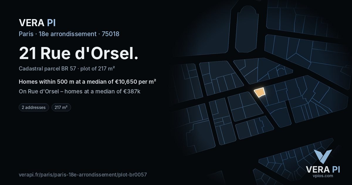21 Rue d'Orsel, 18e arrondissement at night – the plot lit, the parcels around coloured by the prices near them