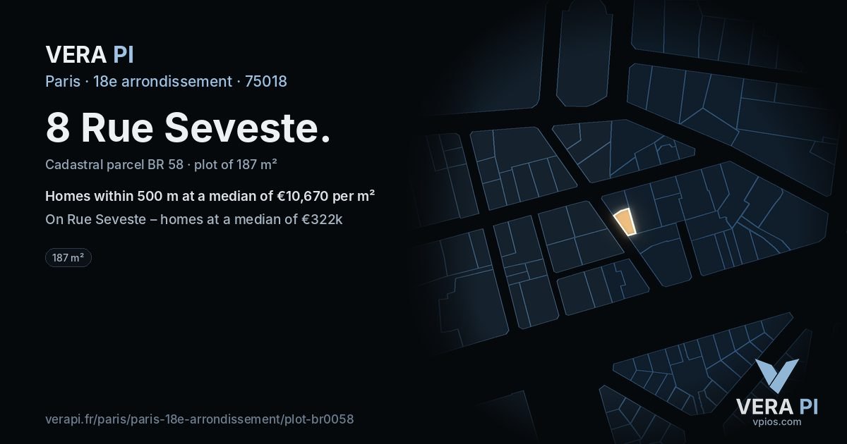 8 Rue Seveste, 18e arrondissement at night – the plot lit, the parcels around coloured by the prices near them