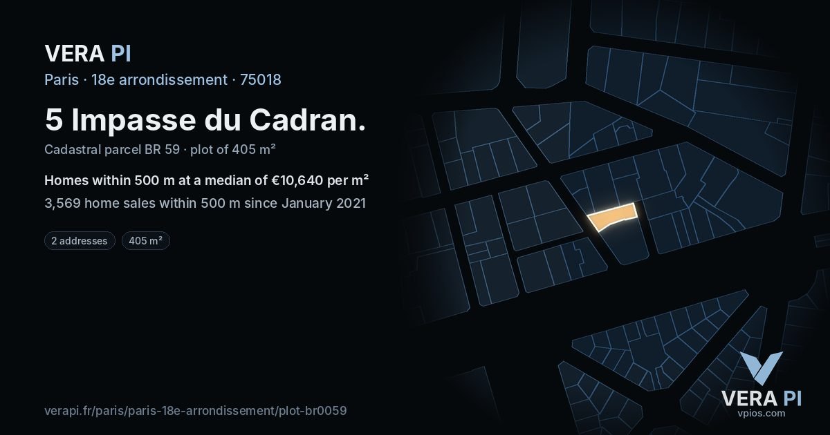 5 Impasse du Cadran, 18e arrondissement at night – the plot lit, the parcels around coloured by the prices near them