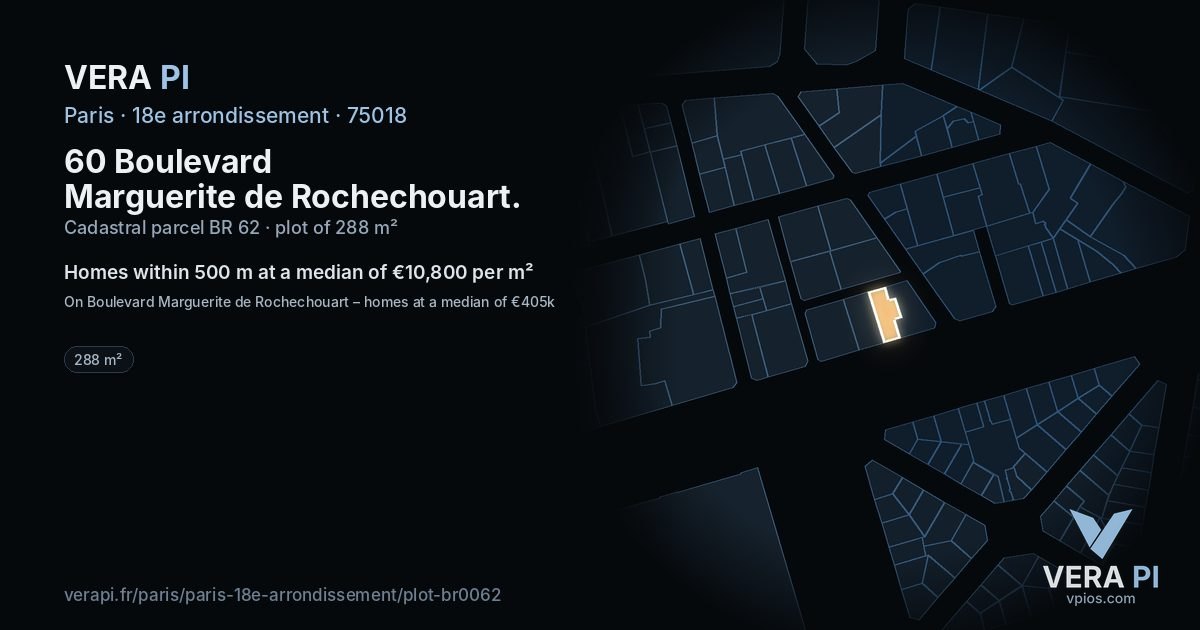60 Boulevard Marguerite de Rochechouart, 18e arrondissement at night – the plot lit, the parcels around coloured by the prices near them