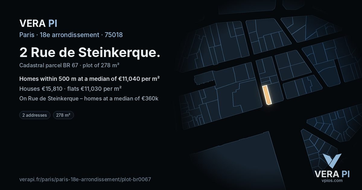 2 Rue de Steinkerque, 18e arrondissement at night – the plot lit, the parcels around coloured by the prices near them