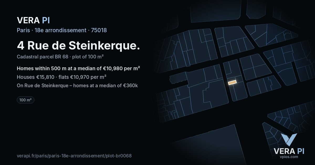 4 Rue de Steinkerque, 18e arrondissement at night – the plot lit, the parcels around coloured by the prices near them