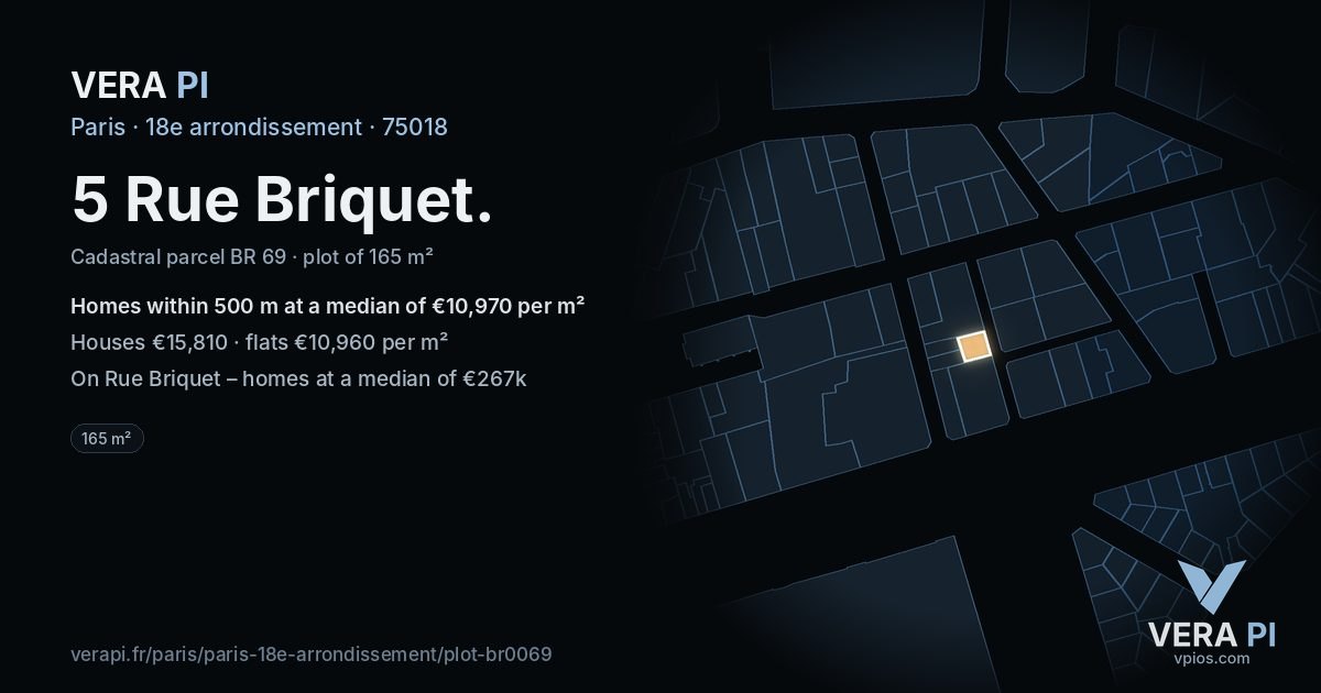 5 Rue Briquet, 18e arrondissement at night – the plot lit, the parcels around coloured by the prices near them