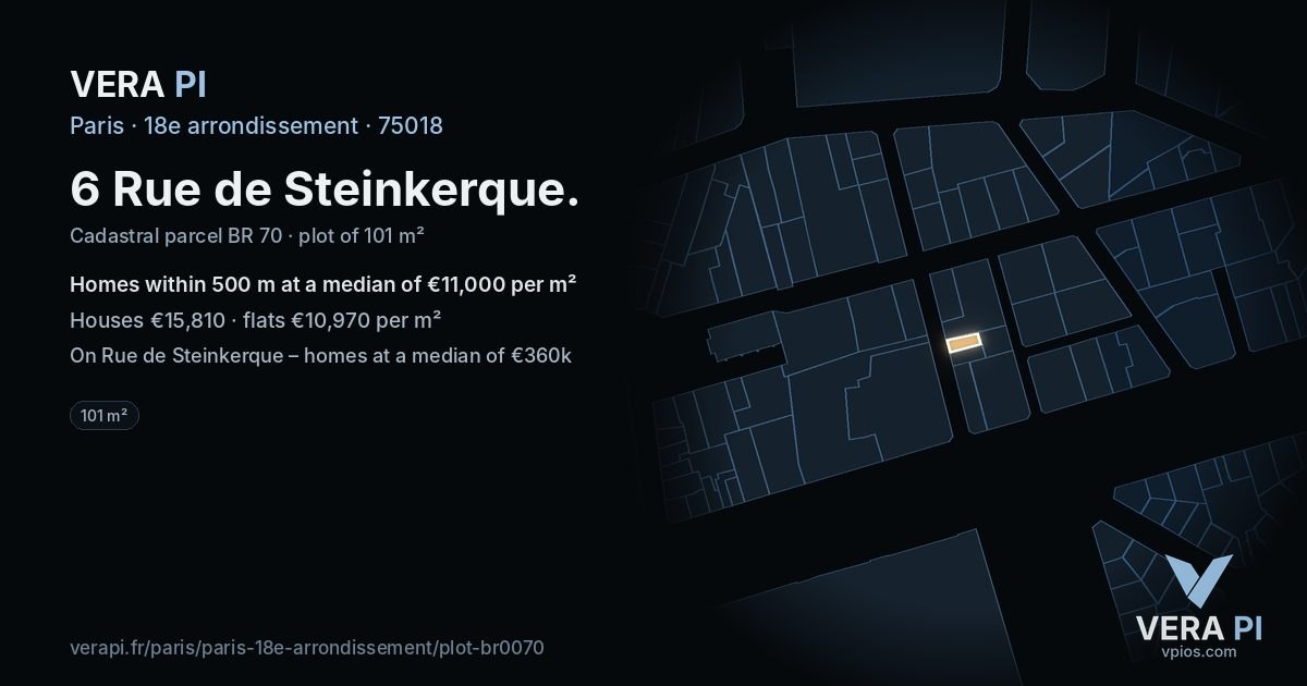 6 Rue de Steinkerque, 18e arrondissement at night – the plot lit, the parcels around coloured by the prices near them