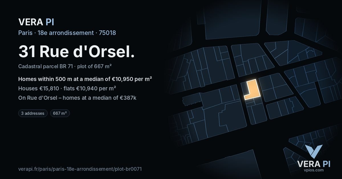 31 Rue d'Orsel, 18e arrondissement at night – the plot lit, the parcels around coloured by the prices near them