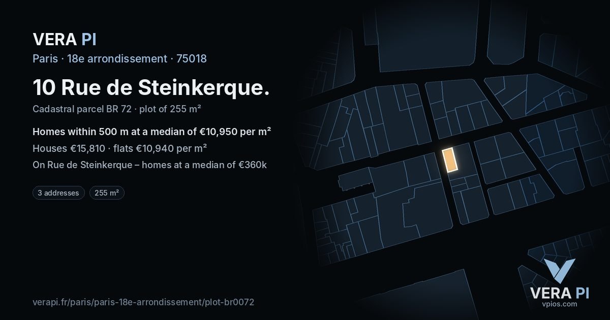 10 Rue de Steinkerque, 18e arrondissement at night – the plot lit, the parcels around coloured by the prices near them