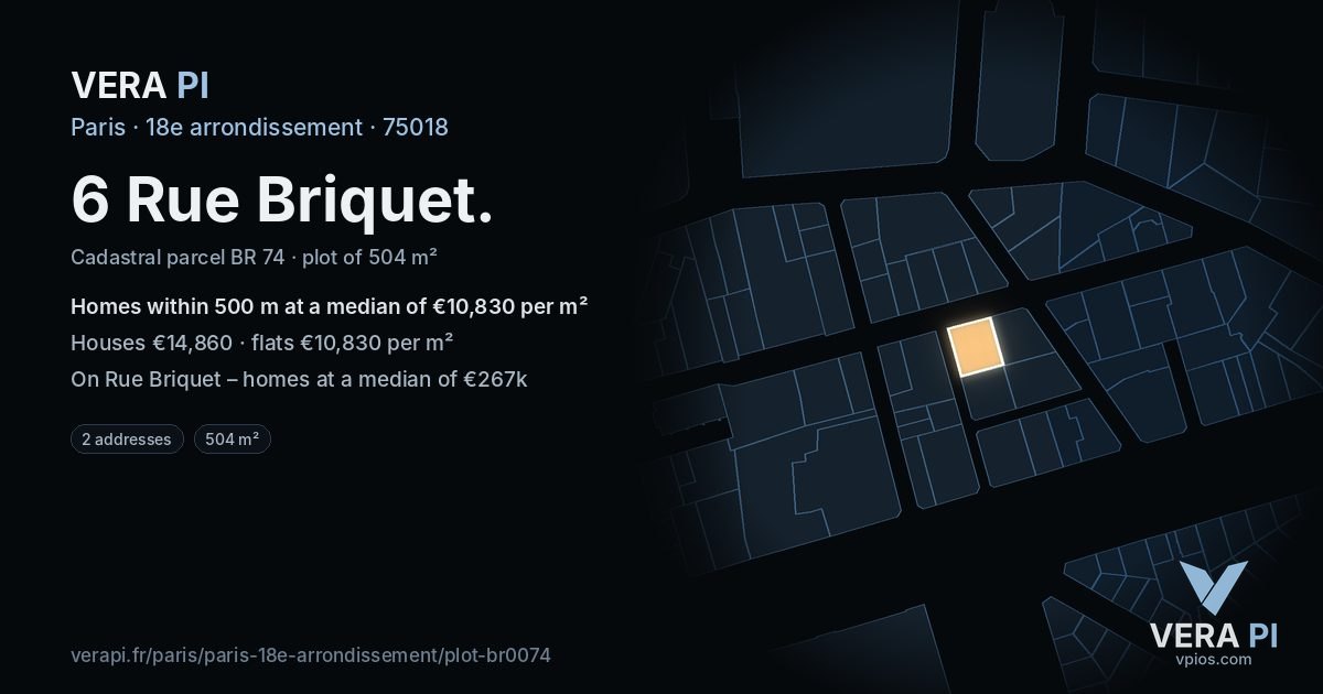 6 Rue Briquet, 18e arrondissement at night – the plot lit, the parcels around coloured by the prices near them