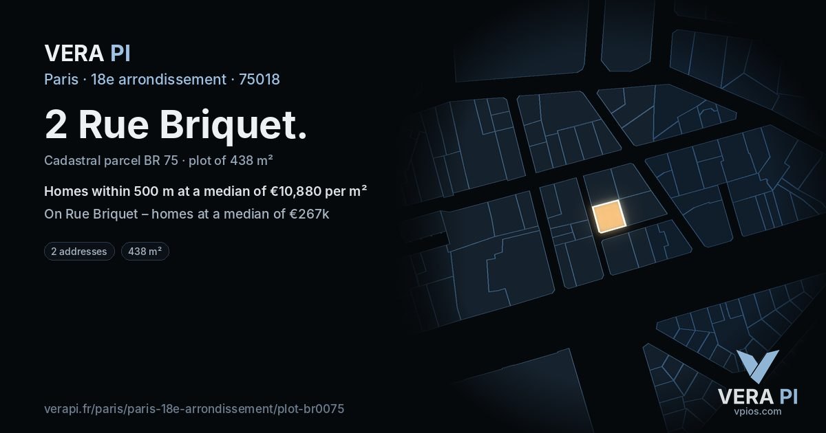 2 Rue Briquet, 18e arrondissement at night – the plot lit, the parcels around coloured by the prices near them