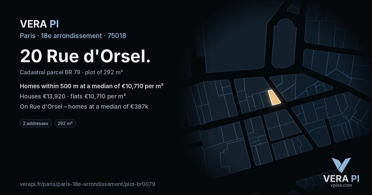 20 Rue d'Orsel, 18e arrondissement at night – the plot lit, the parcels around coloured by the prices near them