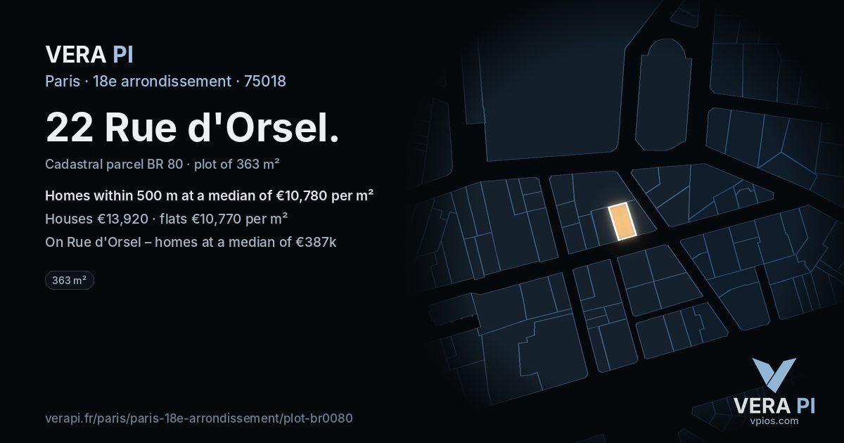 22 Rue d'Orsel, 18e arrondissement at night – the plot lit, the parcels around coloured by the prices near them