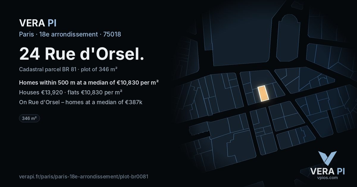 24 Rue d'Orsel, 18e arrondissement at night – the plot lit, the parcels around coloured by the prices near them