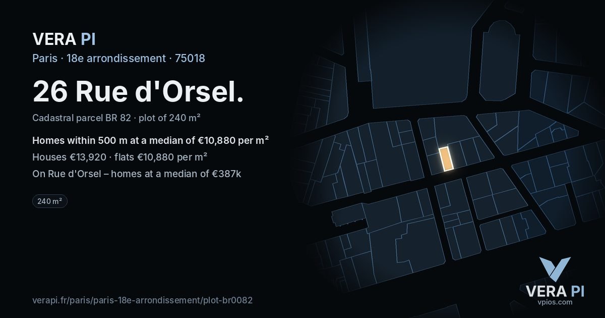 26 Rue d'Orsel, 18e arrondissement at night – the plot lit, the parcels around coloured by the prices near them