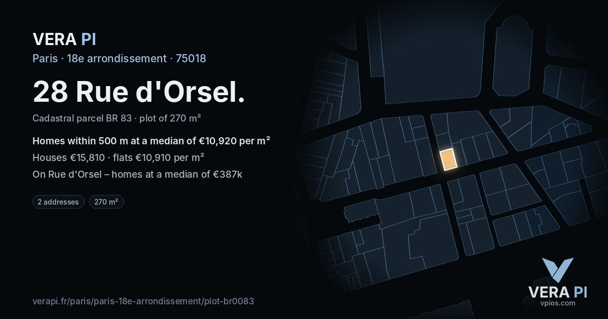 28 Rue d'Orsel, 18e arrondissement at night – the plot lit, the parcels around coloured by the prices near them
