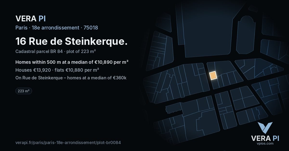16 Rue de Steinkerque, 18e arrondissement at night – the plot lit, the parcels around coloured by the prices near them