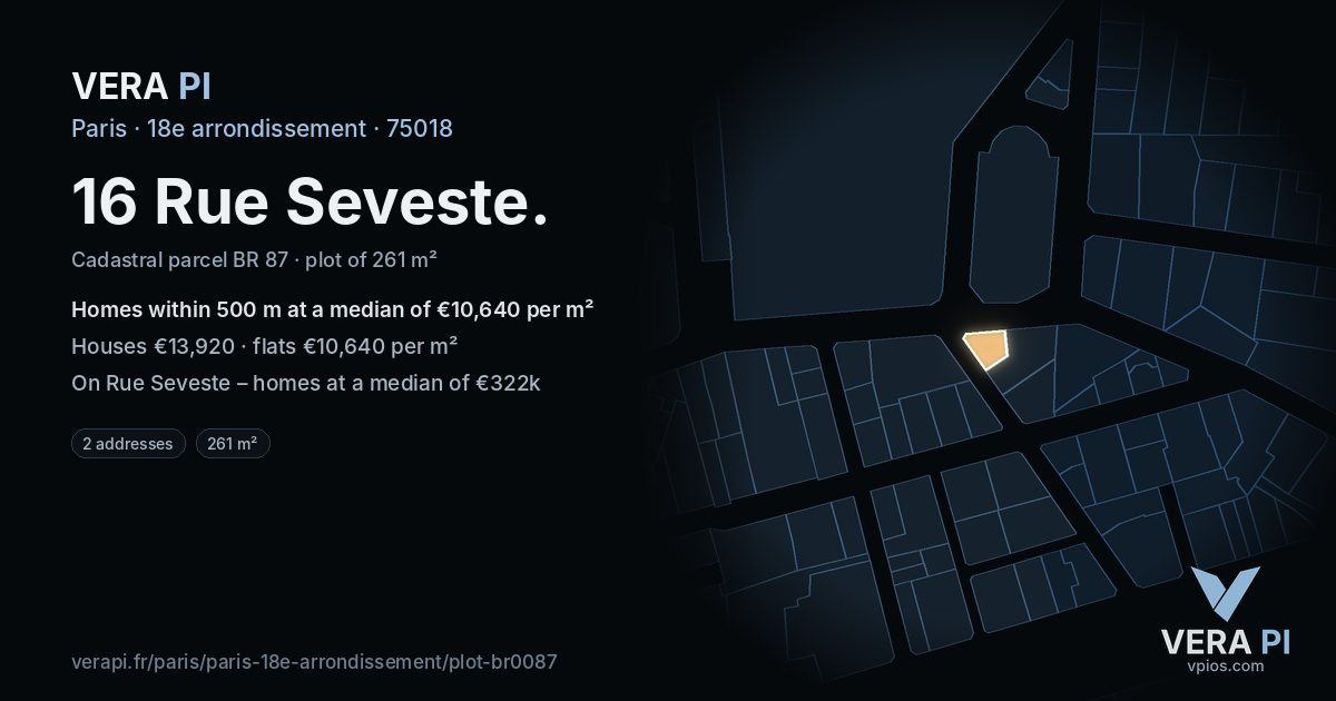 16 Rue Seveste, 18e arrondissement at night – the plot lit, the parcels around coloured by the prices near them
