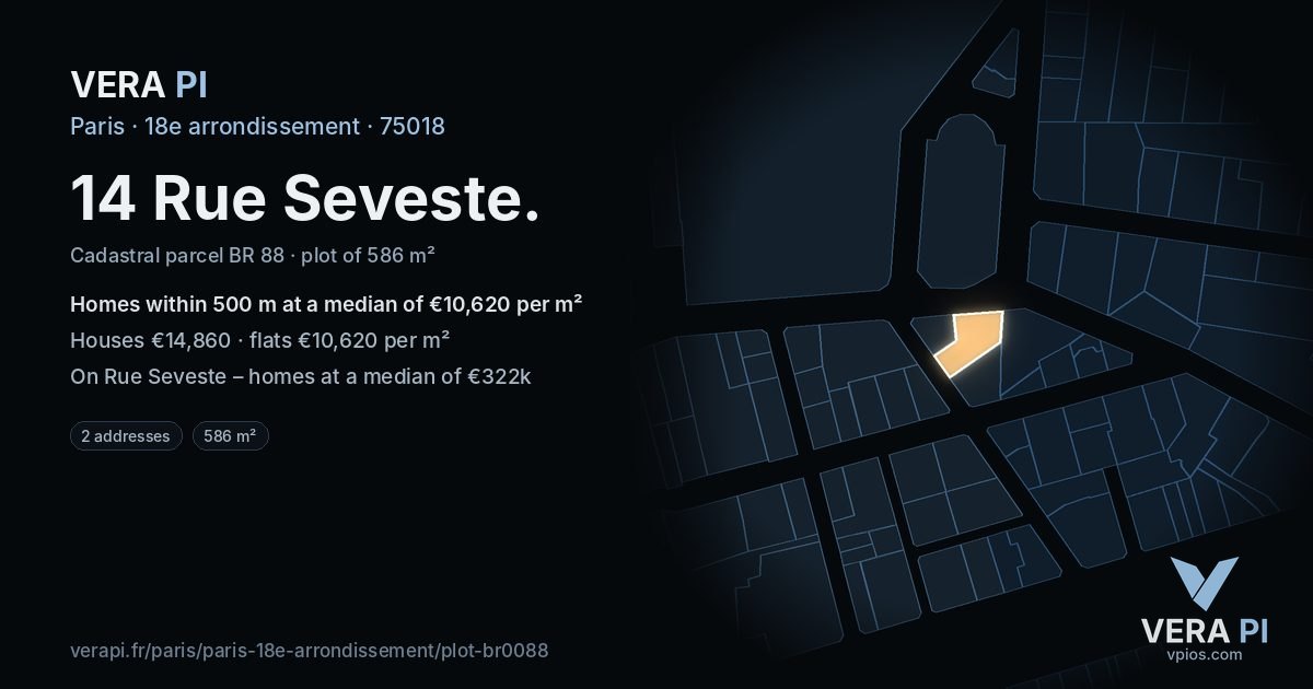 14 Rue Seveste, 18e arrondissement at night – the plot lit, the parcels around coloured by the prices near them