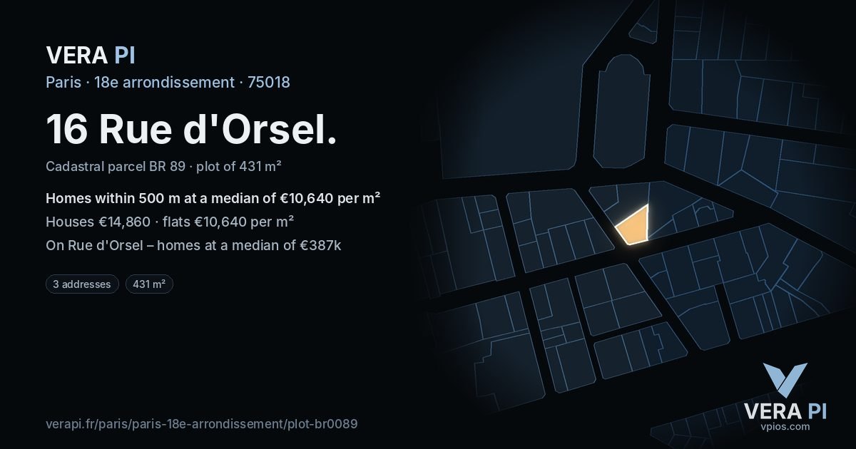 16 Rue d'Orsel, 18e arrondissement at night – the plot lit, the parcels around coloured by the prices near them