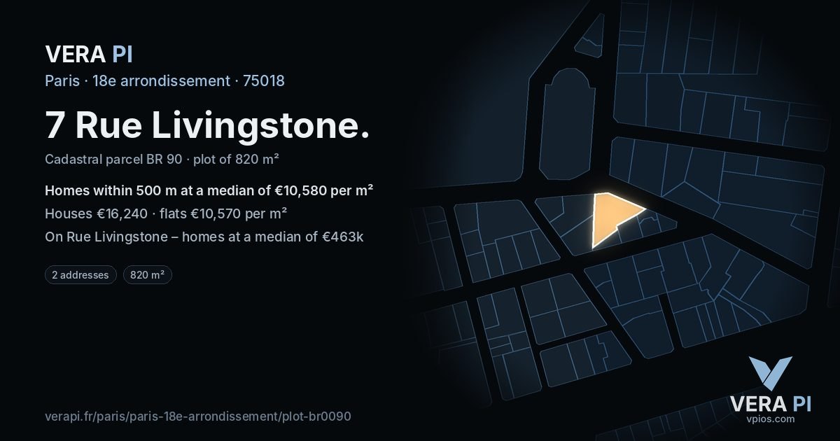 7 Rue Livingstone, 18e arrondissement at night – the plot lit, the parcels around coloured by the prices near them