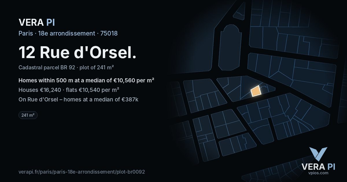 12 Rue d'Orsel, 18e arrondissement at night – the plot lit, the parcels around coloured by the prices near them