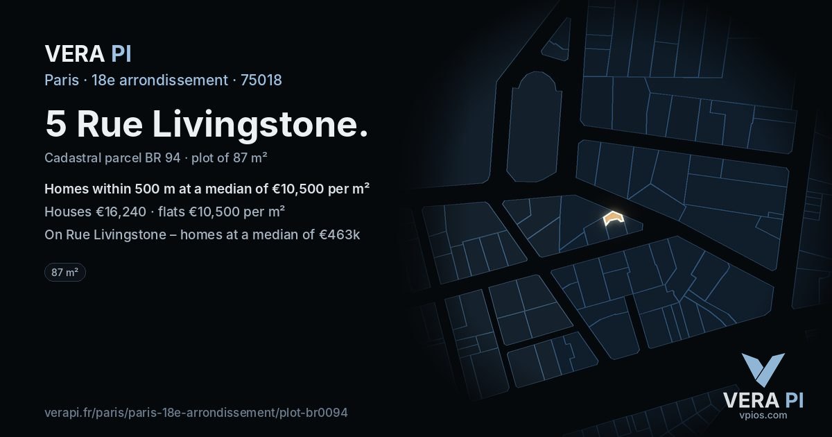 5 Rue Livingstone, 18e arrondissement at night – the plot lit, the parcels around coloured by the prices near them