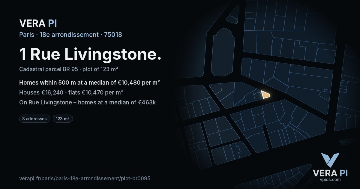 1 Rue Livingstone, 18e arrondissement at night – the plot lit, the parcels around coloured by the prices near them
