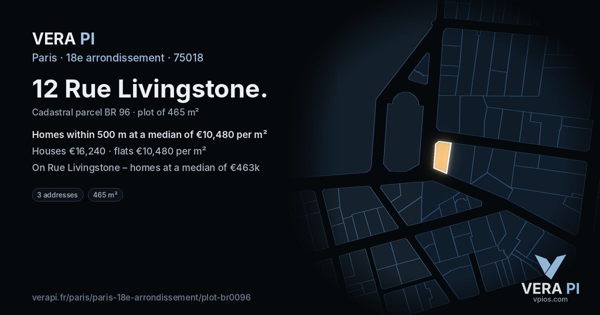 12 Rue Livingstone, 18e arrondissement at night – the plot lit, the parcels around coloured by the prices near them