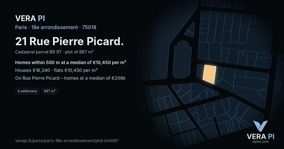 21 Rue Pierre Picard, 18e arrondissement at night – the plot lit, the parcels around coloured by the prices near them