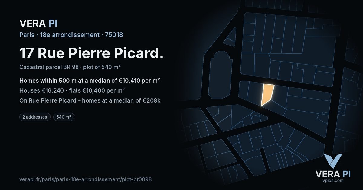 17 Rue Pierre Picard, 18e arrondissement at night – the plot lit, the parcels around coloured by the prices near them